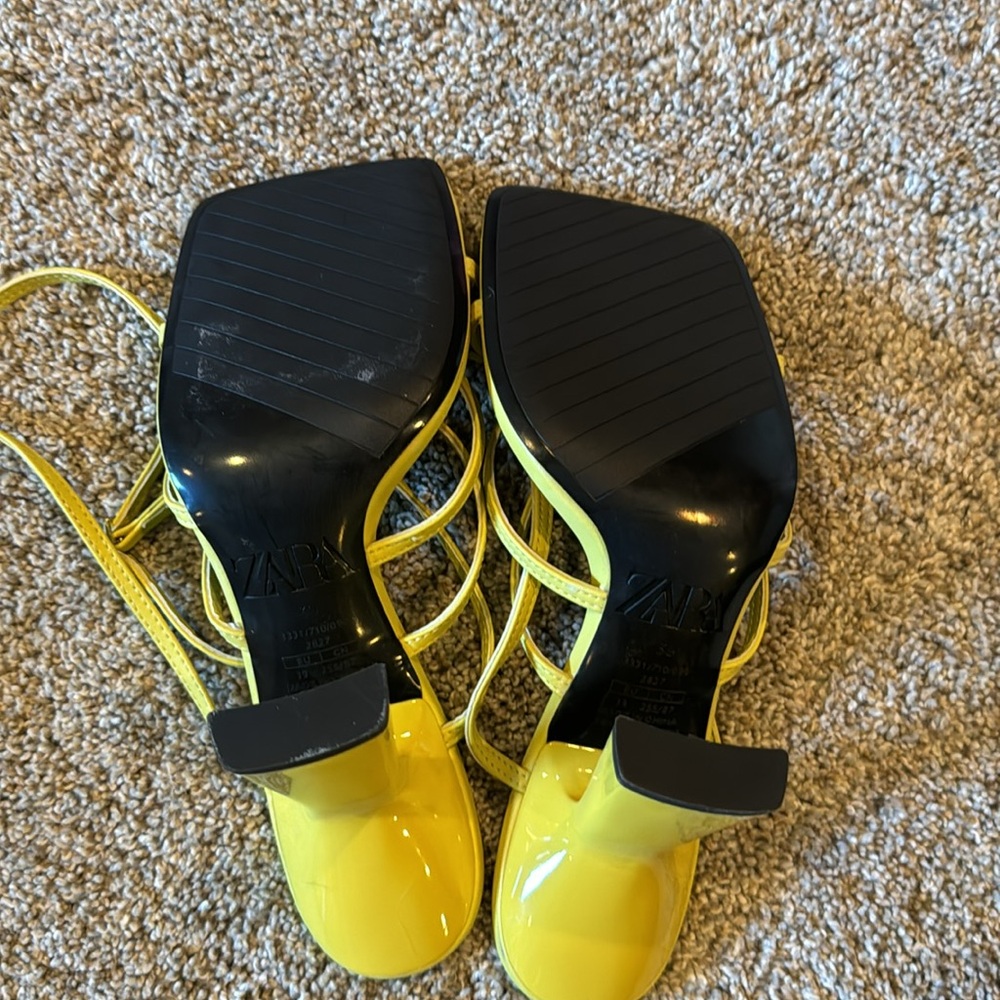 Zara Neon Yellow Strappy Square-Toe Heels - Picture 3 of 7
